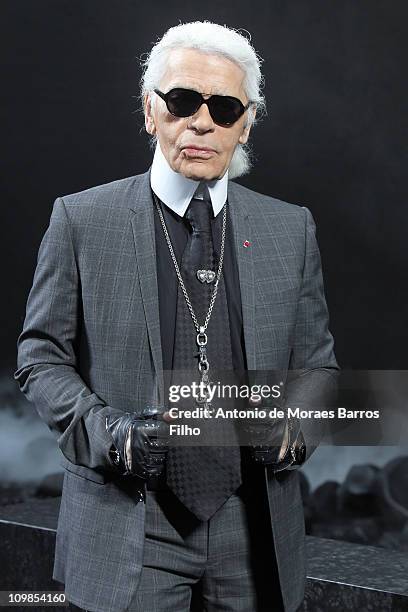 Karl Lagerfeld walks the runway during the Chanel Ready to Wear Autumn/Winter 2011/2012 show during Paris Fashion Week at Grand Palais on March 8,...