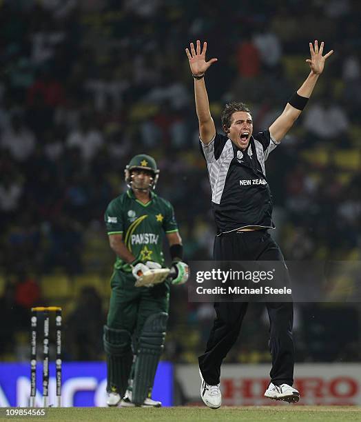 Tim Southee of New Zealand appeals successfully for the wicket of Mohammad Hafeez during the New Zealand v Pakistan 2011 ICC World Cup Group A match...