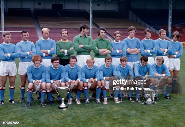 Manchester City, winners of the League Cup and the European Cup Winners Cup, photographed at Maine Road in Manchester, 20th August 1970. Back row :...