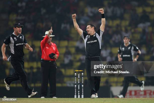 Nathan McCullum of New Zealand celebrates taking the wicket of Abdur Rehman during the New Zealand v Pakistan 2011 ICC World Cup Group A match at the...