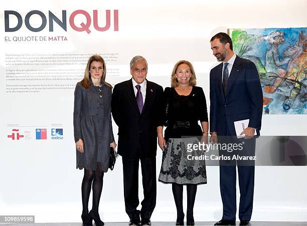 Princess Letizia of Spain, Chile President Sebastian Pinera, his wife Cecilia Morel de Pinera and Prince Felipe of Spain visit the Cervantes...