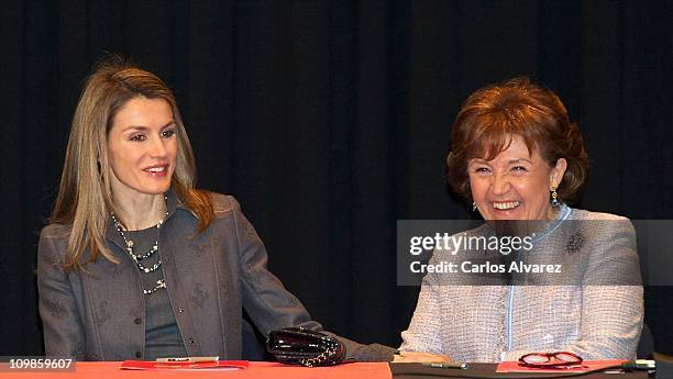 Princess Letizia of Spain and Cervantes Institute's president Carmen Caffarel at the Cervantes Institute on March 8, 2011 in Madrid, Spain.