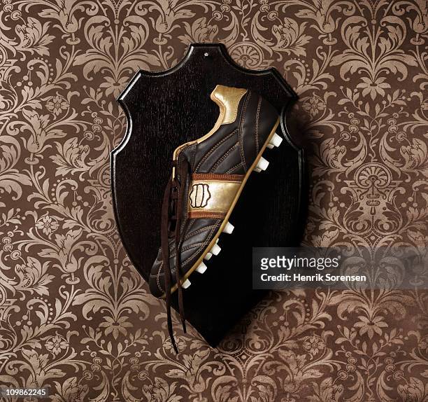 Football boot hanging as a trophy on a wall