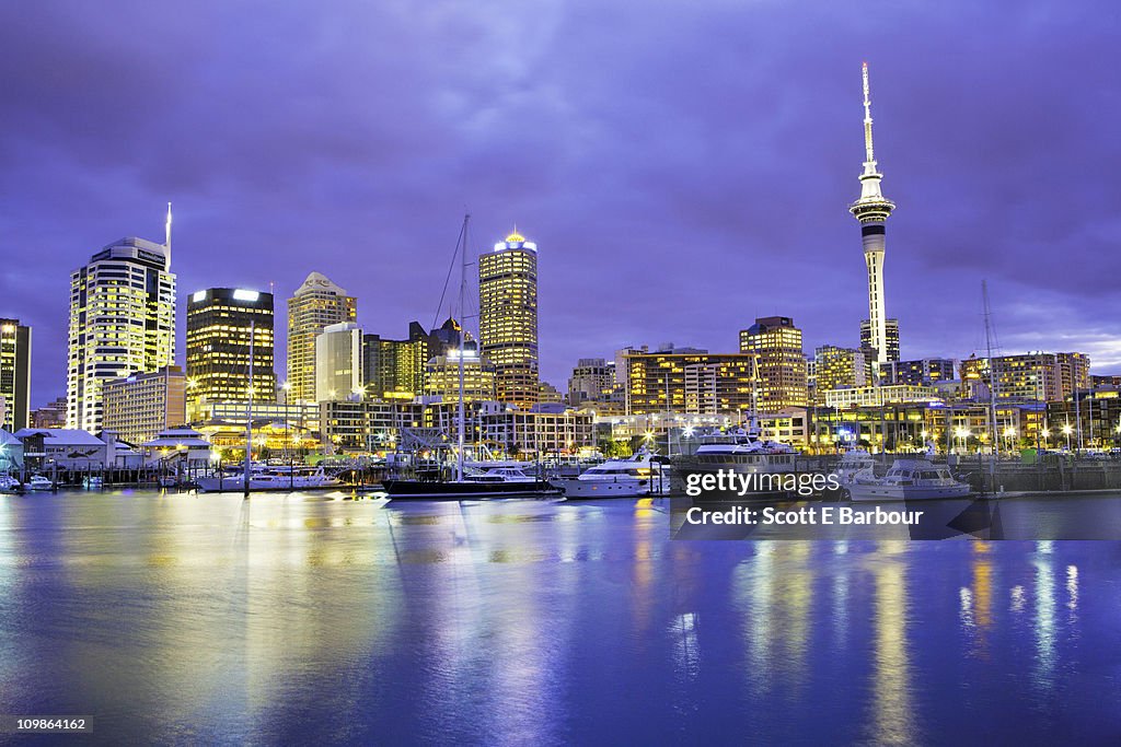 Auckland skyline with Sky Tower. Viaduct Basin
