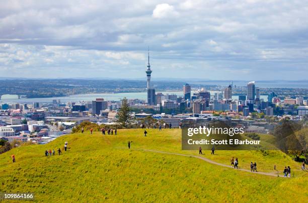 auckland skyline with sky tower from mount eden - auckland skyline stockfoto's en -beelden