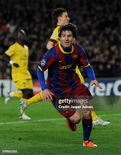 Lionel Messi of Barcelona reacts after scoring his sides opening goal