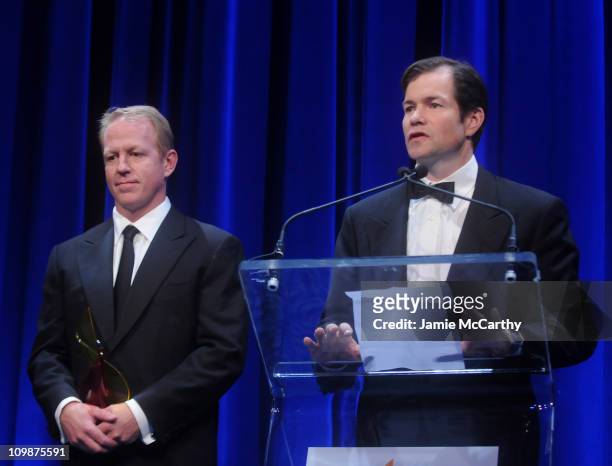 Brian Leetch and Mike Richter speak during the 18th Annual 'A Magical Evening Gala' hosted by the Christopher & Dana Reeve Foundation at the Marriott...