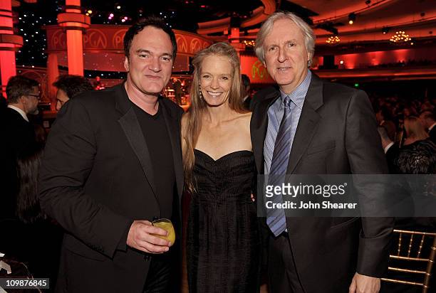 Director Quentin Tarantino, Suzy Amis and director James Cameron attend the 2010 Producers Guild Awards held at Hollywood Palladium on January 24,...