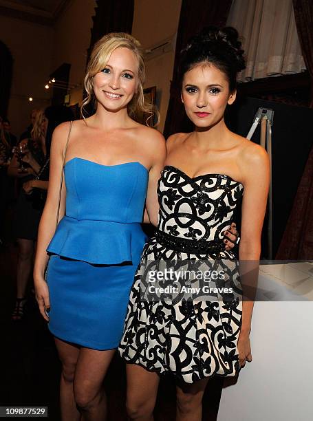 Actresses Candice Accola and Nina Dobrev attend the cocktail reception during the 12th annual Young Hollywood Awards sponsored by JC Penney , Mark. &...