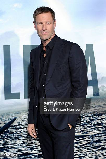 Actor Aaron Eckhart arrives at the premiere of Columbia Pictures' "Battle: Los Angeles" at the Regency Village Theater on March 8, 2011 in Westwood,...