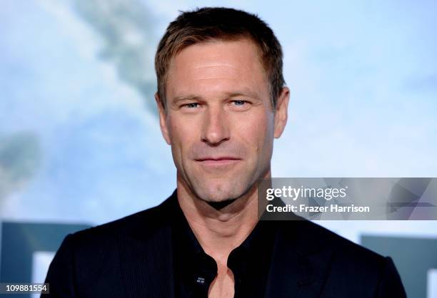 Actor Aaron Eckhart arrives at the premiere of Columbia Pictures' "Battle: Los Angeles" at the Regency Village Theater on March 8, 2011 in Westwood,...