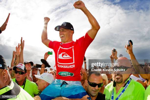 Kelly Slater of the United States of America celebrates his victory during the Quicksilver Pro on March 9, 2011 in Gold Coast, Australia.