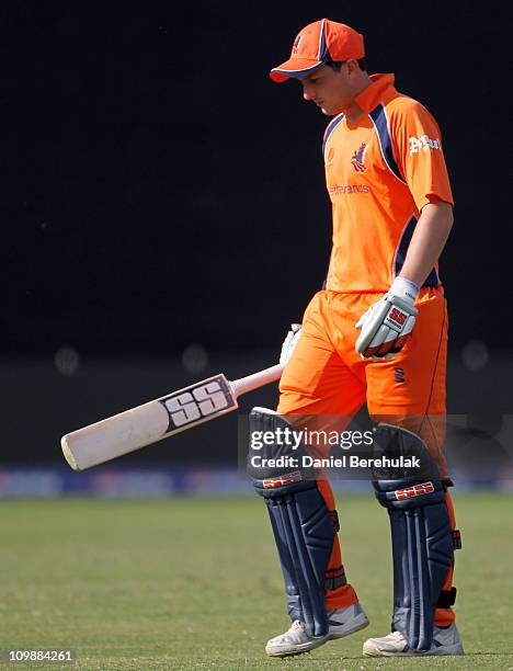 Wesley Barresi of the Netherlands walks back to the pavillion after being dismissed by Yuvraj Singh of India during the 2011 ICC Cricket World Cup...