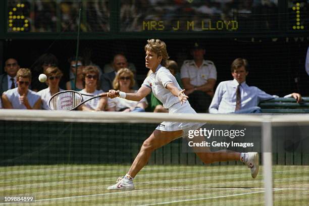 Chris Evert-Lloyd of the United States during her Women's Singles match against Carina Karlsson during the Wimbledon Lawn Tennis Championship on 3rd...