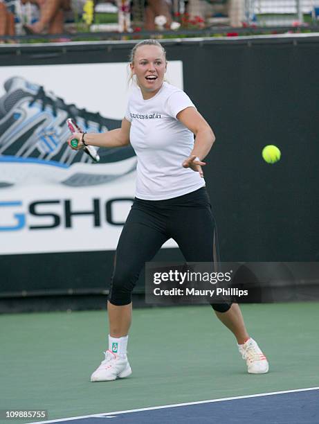 Tennis player Caroline Wozniacki in action during the 7th Annual K-Swiss Desert Smash - Day 1 at La Quinta Resort and Club on March 8, 2011 in La...