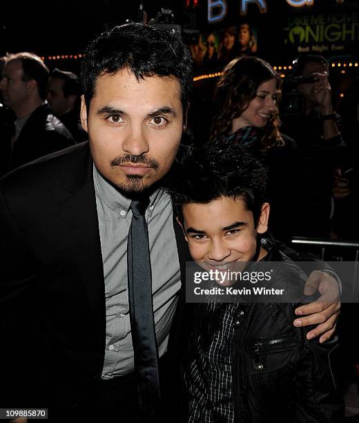 Actors Michael Pena and Bryce Cass arrive at the premiere of Columbia Pictures' "Battle: Los Angeles" at the Village Theater on March 8, 2011 in Los...