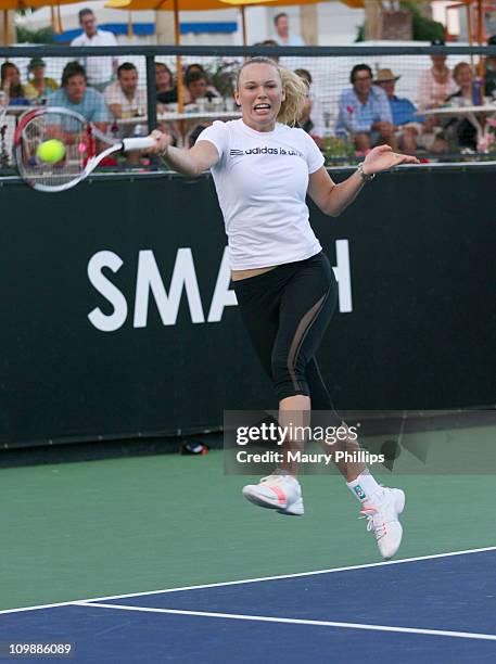 Tennis player Caroline Wozniacki in action during the 7th Annual K-Swiss Desert Smash - Day 1 at La Quinta Resort and Club on March 8, 2011 in La...