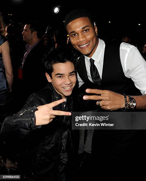 Actors Bryce Cass and Cory Hardrict arrive at the premiere of Columbia Pictures' "Battle: Los Angeles" at the Village Theater on March 8, 2011 in Los...