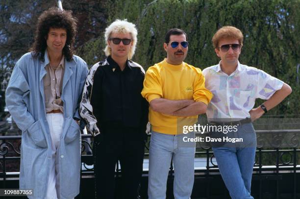 British rock group Queen at the Montreux Rock Festival in Switzerland, May 1986. Left to right: guitarist Brian May, drummer Roger Taylor, singer...