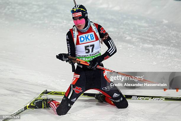 Tina Bachmann of Germany reacts at the finish area after the women's 15km individual race during the IBU Biathlon World Championships at A.V....