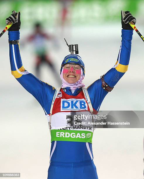 Helena Ekholm of Sweden reacts at the finish area after the women's 15km individual race during the IBU Biathlon World Championships at A.V....