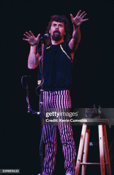 Scittish comedian Billy Connolly performing on stage, circa 1985.