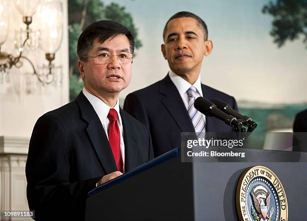 Gary Locke, U.S. Commerce secretary, left, speaks following the announcement of his nomination to be U.S. Ambassador to China by President Barack...