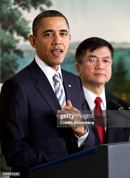 President Barack Obama, left, announces the nomination of Gary Locke, secretary of commerce, to be the next U.S. Ambassador to China, at the White...