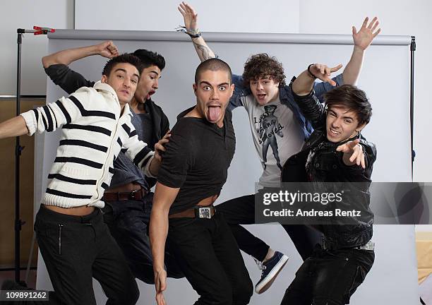 Tom Parker, Siva Kaneswaren, Max George, Jay McGuinness and Nathan Sykes of The Wanted pose during a portrait session on February 13, 2011 in Berlin,...