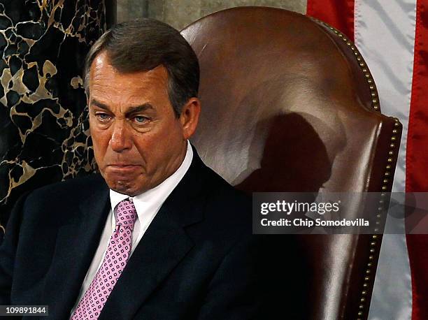 Speaker of the House John Boehner seems to fight back tears while listening to Australian Prime Minister Julia Gillard address a joint meeting of the...