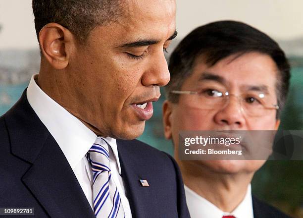 President Barack Obama, left, announces the nomination of Gary Locke, secretary of commerce, to be the next U.S. Ambassador to China, at the White...