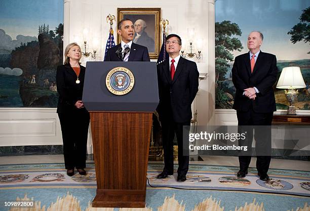 President Barack Obama announces the nomination of Gary Locke, secretary of commerce, second from right, to be the next U.S. Ambassador to China, at...