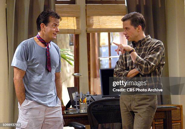 Charlie Harper and Alan Harper argue over how to raise Alan's son, Jake on Two and a Half Men, scheduled to air on the CBS Television Network.