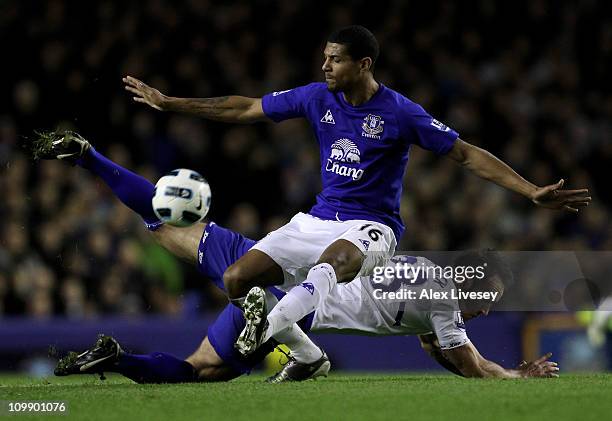 Jermaine Beckford of Everton competes with Martin Jiranek of Birmingham City during the Barclays Premier League match between Everton and Birmingham...