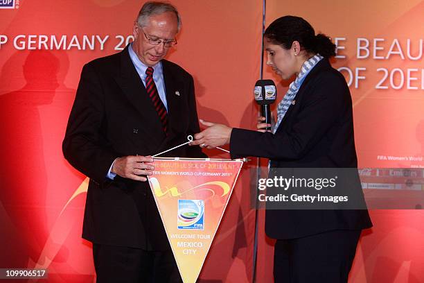 Edmund Duckwitz, German ambassador in Mexico, and Steffi Jones, Organising Committee President of Women's World Cup 2011 during a meeting as part of...