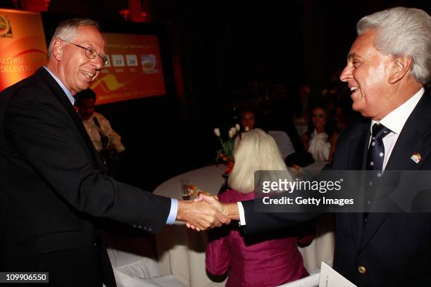 Edmund Duckwitz, German ambassador in Mexico, greets Justino Compean, president of FEMEXFUT during a meeting as part of the Germany 2011 FIFA Women's...