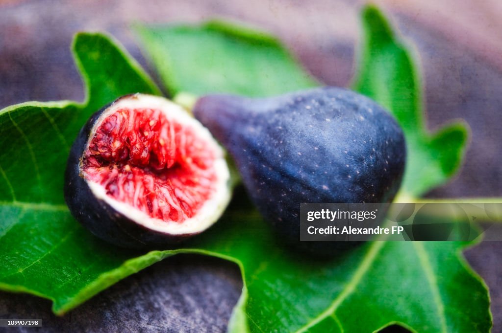 Mature purple figs on a fig leaf