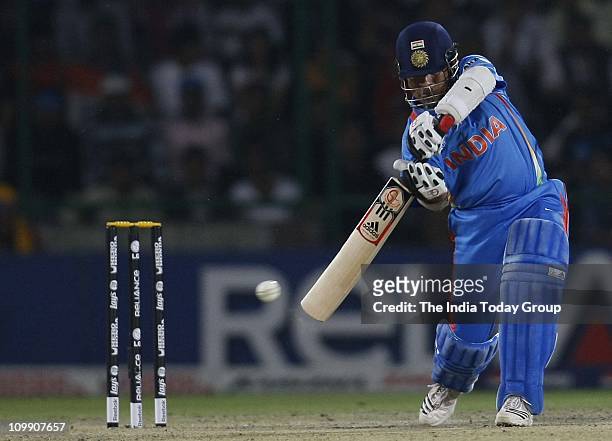 India batsman Sachin Tendulkar in action against the Netherlands during the World Cup Group B match at the Ferozeshah Kotla in New Delhi on Wednesday.