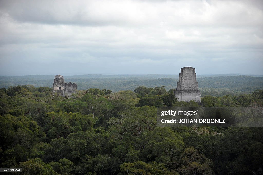 View of Mayan temples at the Tikal archa