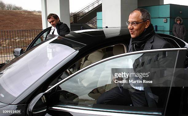 Head coach Felix Magath leaves the training ground after a FC Schalke 04 training session at Schalke training ground on March 10, 2011 in...