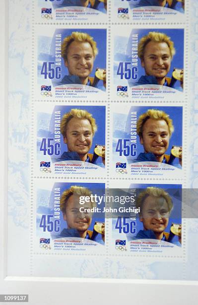 Steven Bradbury's commemorative stamps are displayed during the Australian press conference at the Main Media Center during the 2002 Salt Lake Winter...
