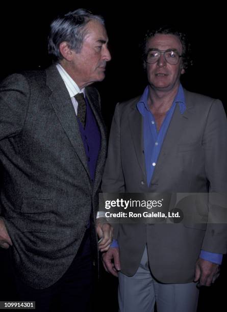 Gregory Peck and actor Michael Caine sighted on March 3, 1986 at Spago Restaurant in West Hollywood, California.