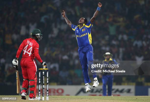 Angelo Mathews of Sri Lanka celebrates taking the wicket of Tatenda Taibu during the Sri Lanka v Zimbabwe 2011 ICC World Cup Group A match at the...