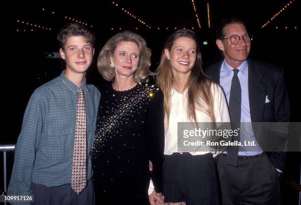 Jake Paltrow, actress Blythe Danner, actress Gwyneth Paltrow and producer Bruce Paltrow attend "The Prince of Tides" Century City Premiere on...