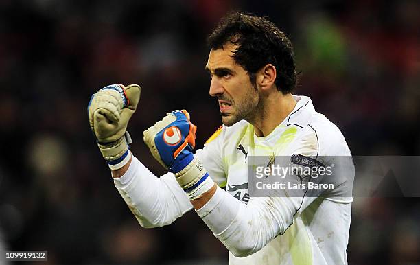 Goalkeeper Diego Lopez of Villarreal celebrates during the UEFA Europa League round of 16 first leg match between Bayer Leverkusen and Villarreal at...