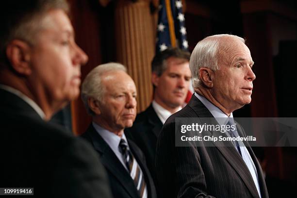 Sen. John McCain speaks during a news conference with fellow senators Sen. Lindsey Graham , Sen. Joe Lieberman and Sen. Scott Brown at the U.S....