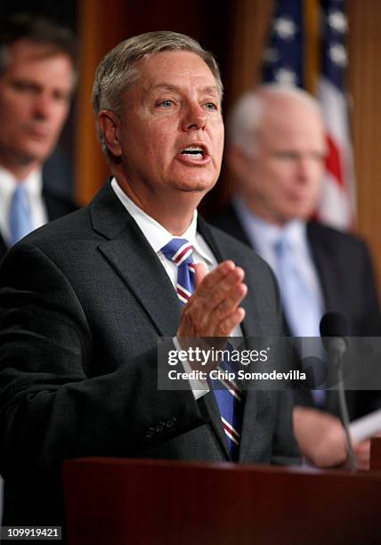 Sen. Lindsey Graham speaks during a news conference with fellow senators, including Sen. Scott Brown and Sen. John McCain at the U.S. Capitol March...