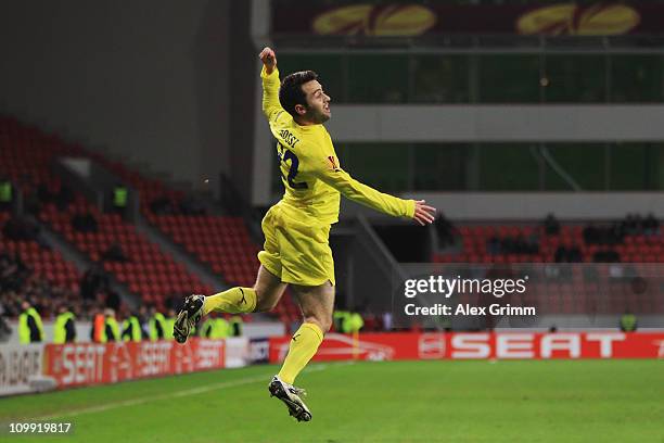 Giuseppe Rossi of Villarreal celebrates his team's first goal during the UEFA Europa League round of 16 first leg match between Bayer Leverkusen and...