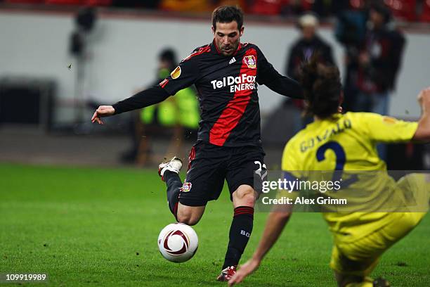 Gonzalo Castro of Leverkusen scores his team's second goal during the UEFA Europa League round of 16 first leg match between Bayer Leverkusen and...