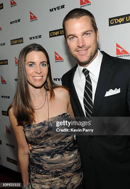 Actor Chris O'Donnell and Caroline Fentress attend the G'Day USA 2010 Black Tie gala at the Hollywood & Highland Center on January 16, 2010 in...